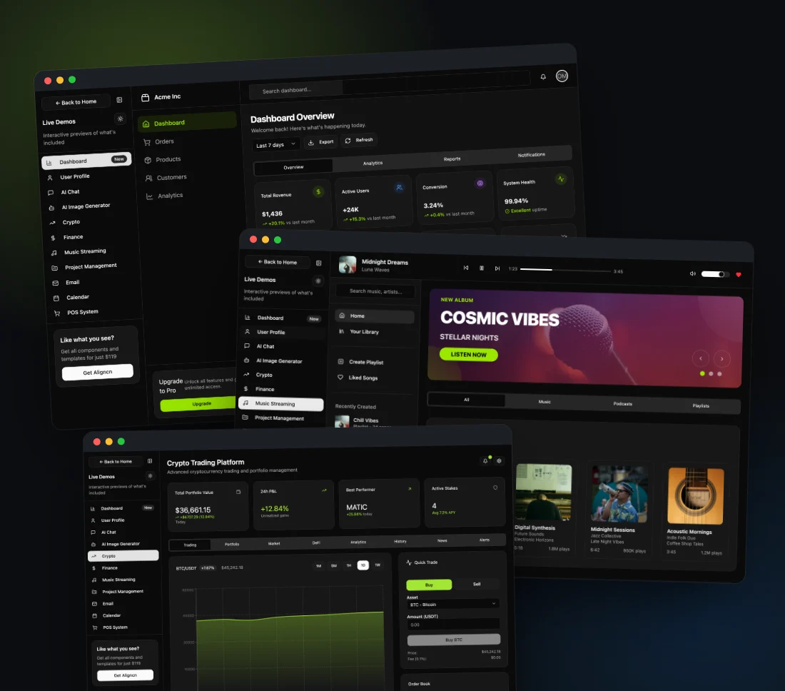 Aligncn dashboard, music and crypto templates in dark mode