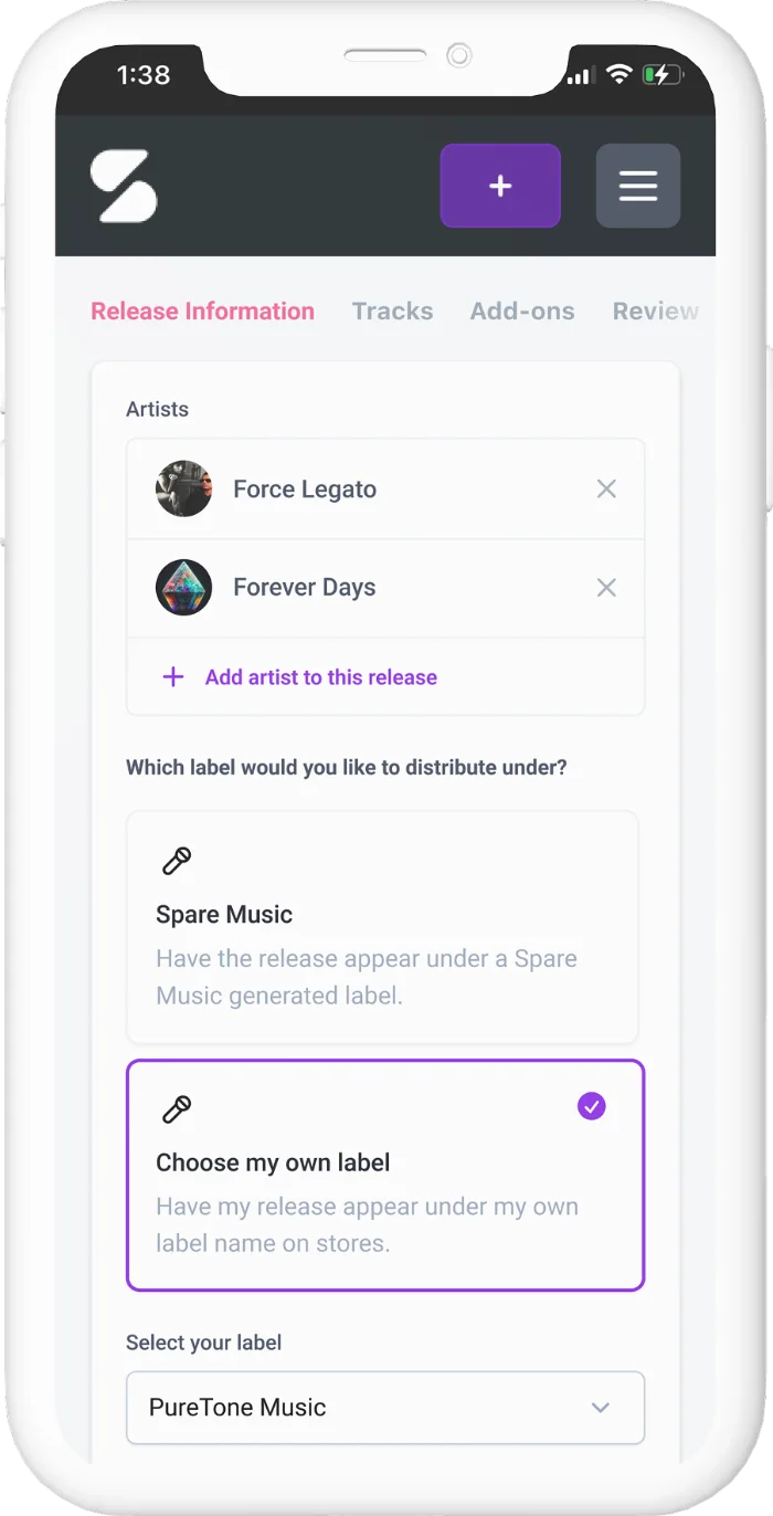 Release information form for a new track