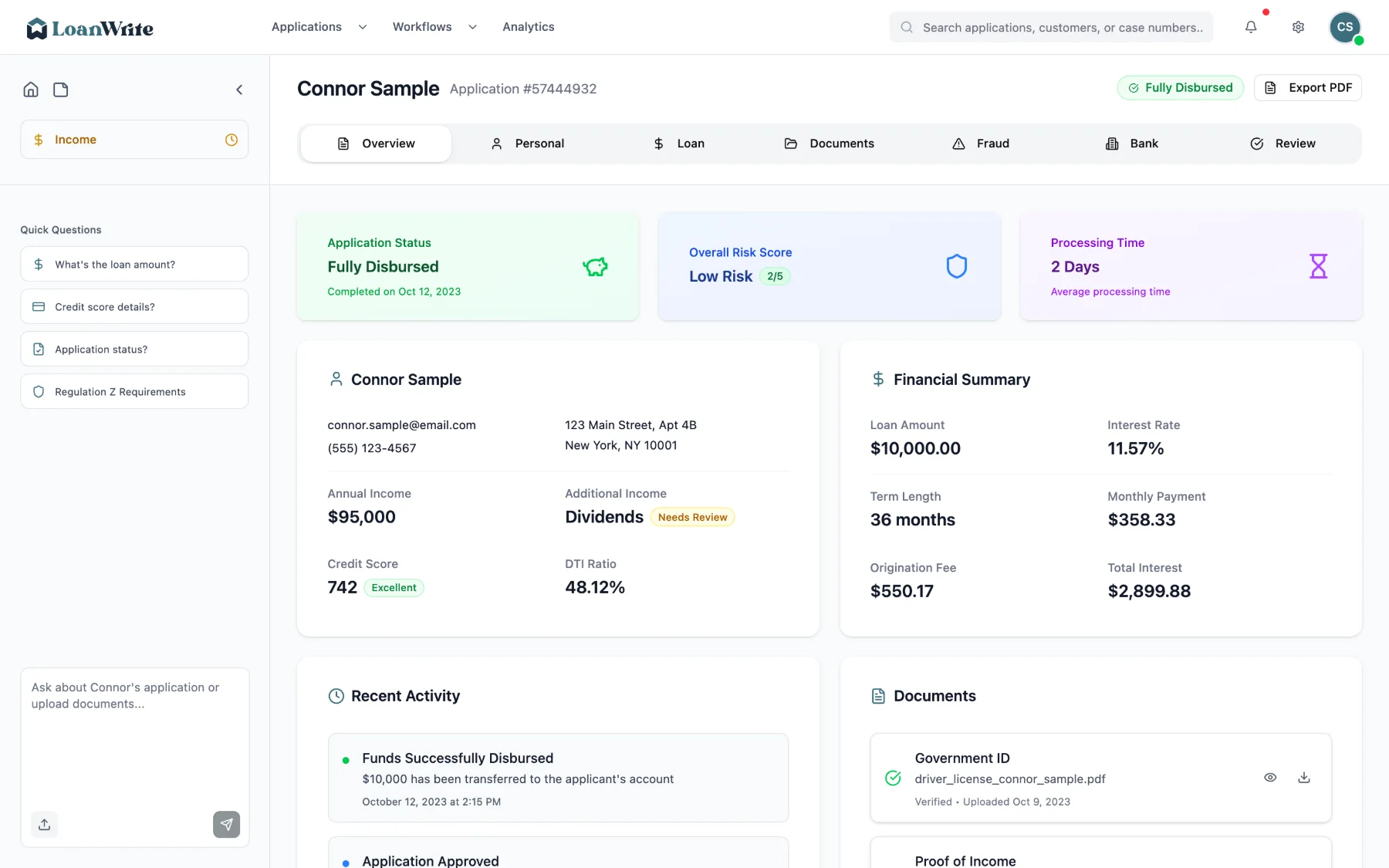 Application overview with status, risk and processing time cards